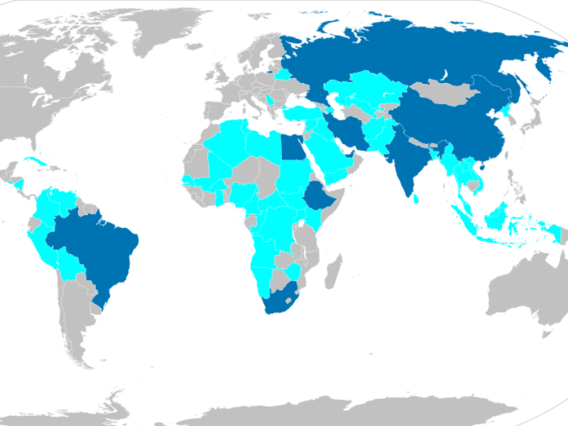 Mapamundi con los países que integran los BRICs. Wikipedia.