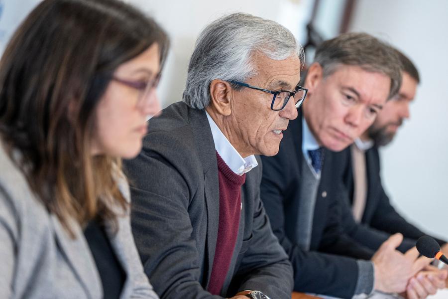 Marcela Barrios, Juan Castillo, Martin Vallcorba y Braulio Zelko en conferencia de prensa tras el Consejo Superior Tripartito en la Dirección Nacional de Trabajo en Montevideo. Foto: Mauricio Zina / adhocFOTOS